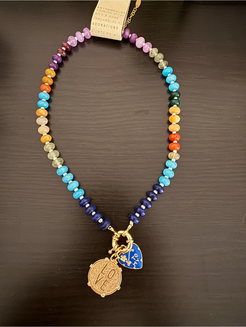 Anthropologie Multicolor Beaded Necklace with Gold Charms NWT 14K Gold Plated